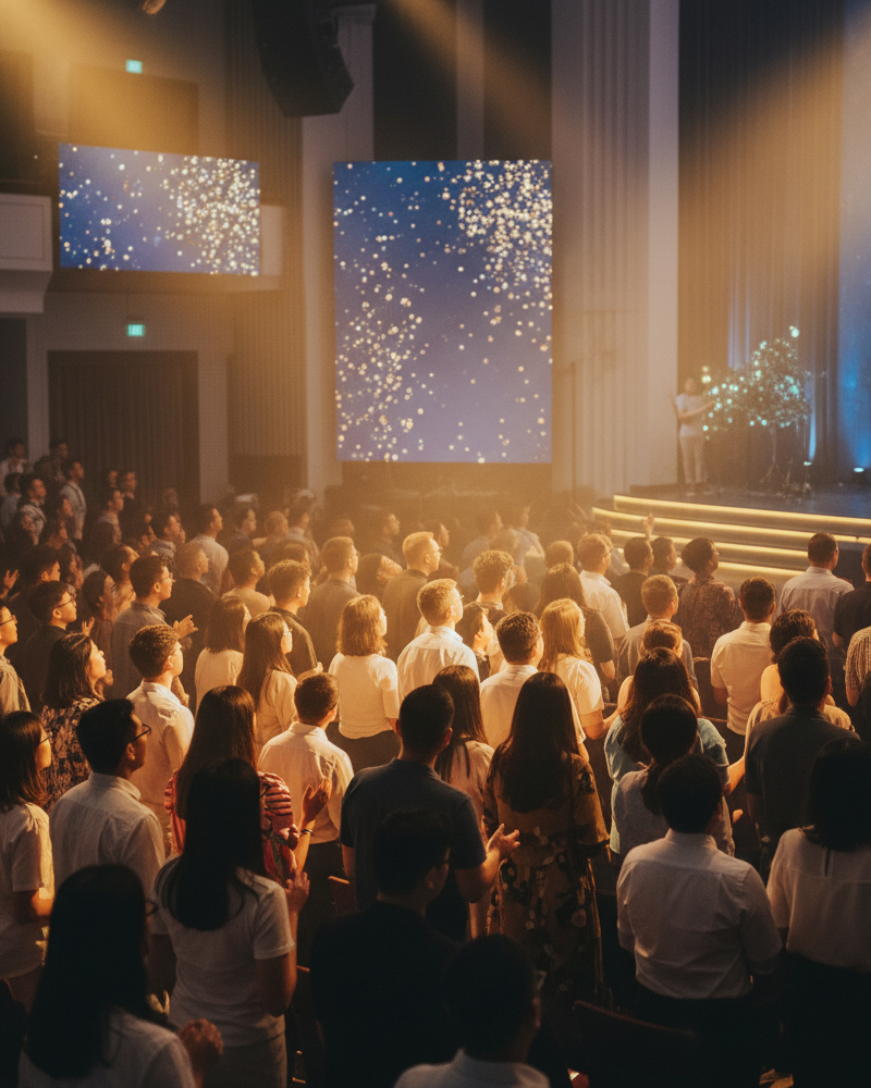 Multicultural congregation worshipping together at Sunday service